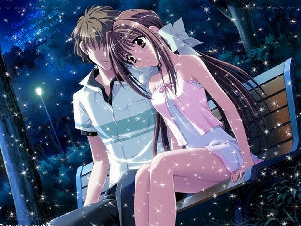 Anime couple on bench at night