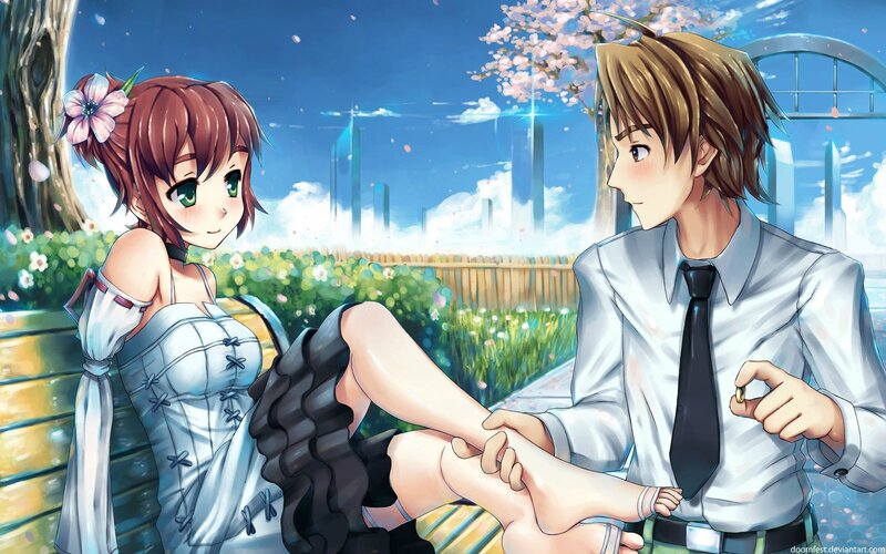 Anime Couple on Bench — Blue