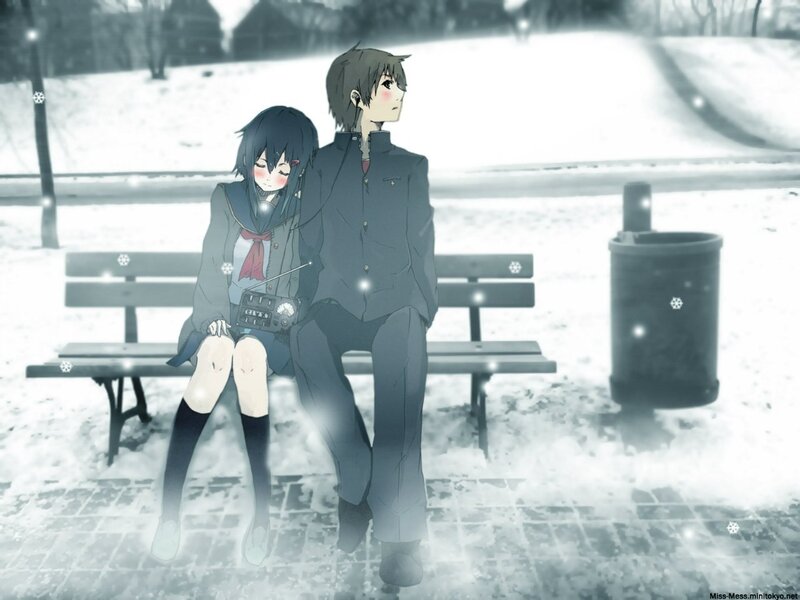 Anime Couple on Bench — Gray, Melancholic