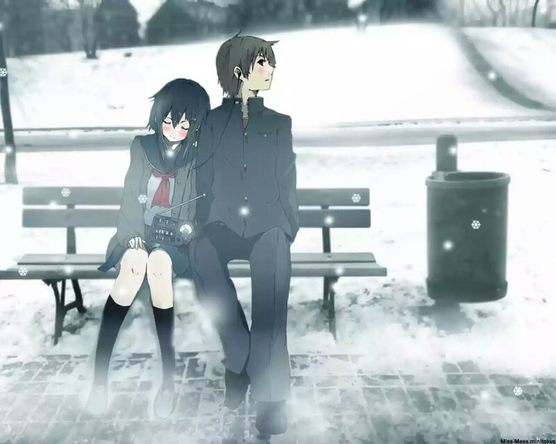 Anime Couple on Bench — Gray