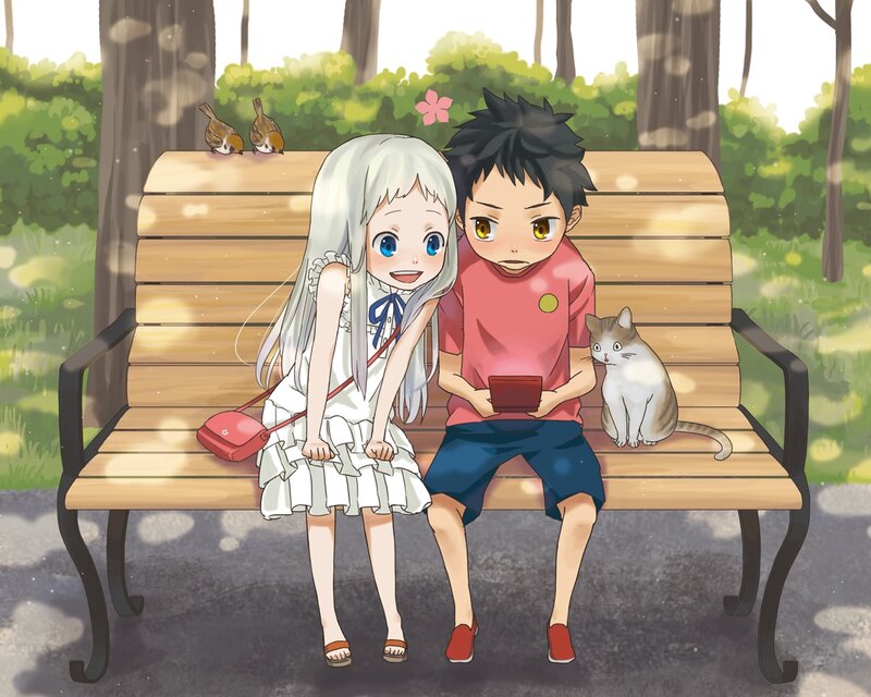 Anime Couple on Bench — Green