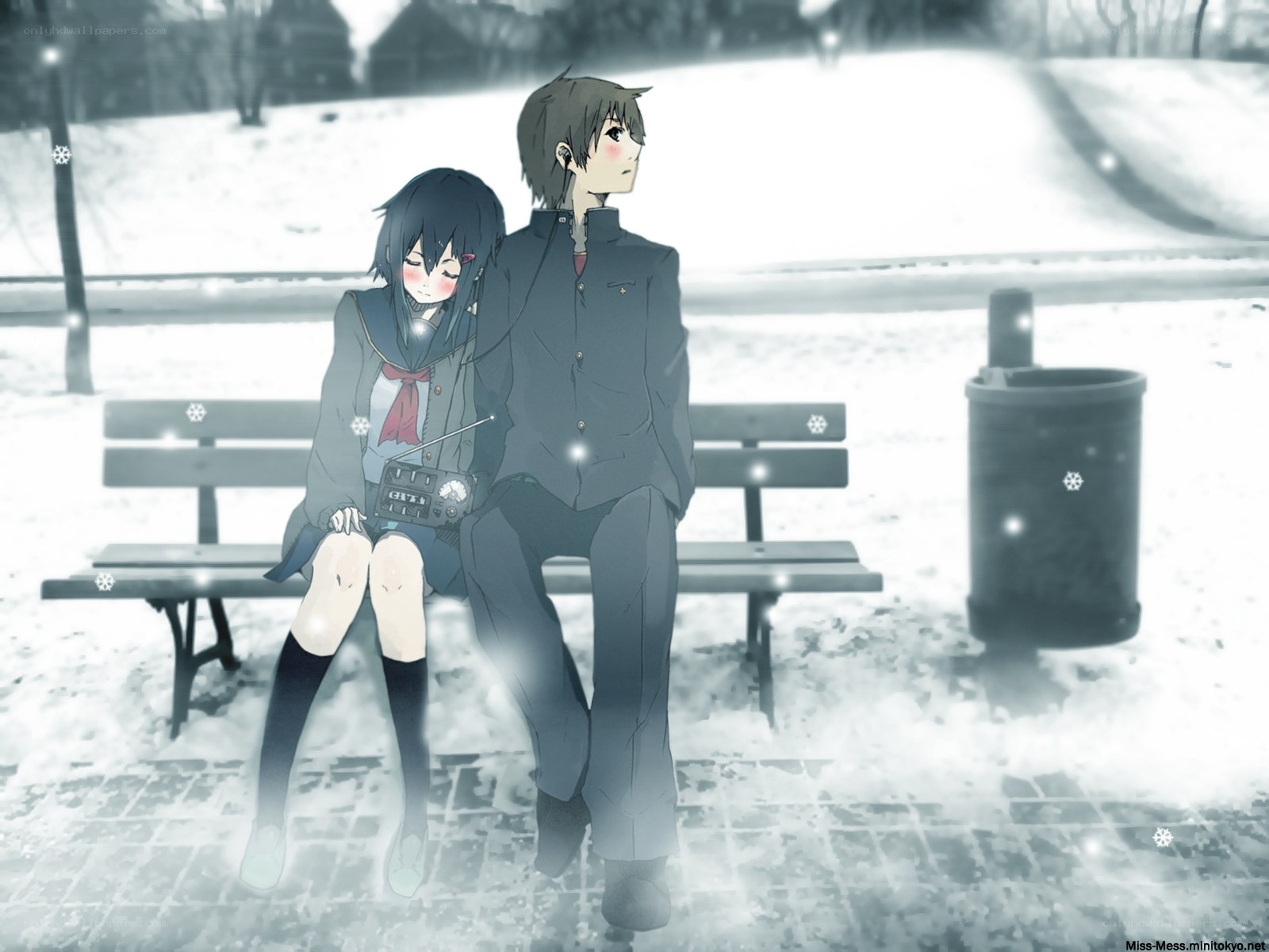 Anime couple on bench in snow