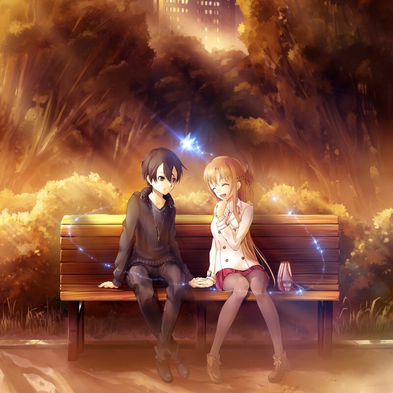 Anime Couple on Bench — Orange