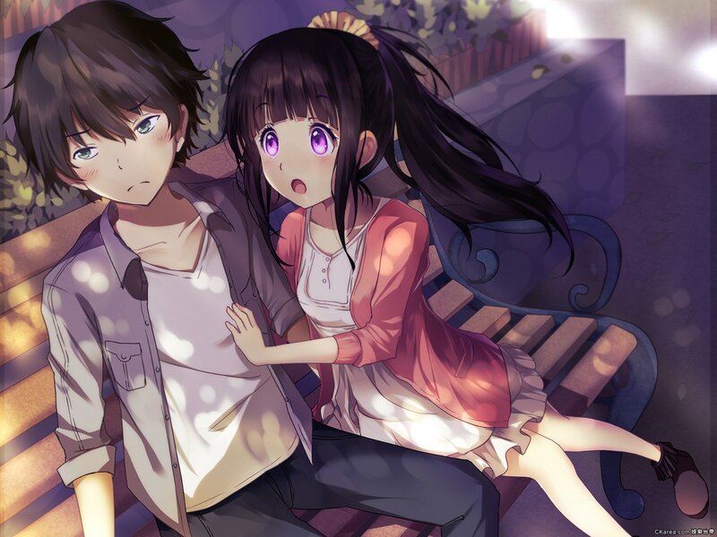 Anime Couple on Bench — Purple, Calm, Night
