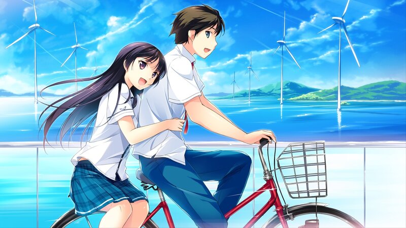 Anime Couple on Bicycle — Blue