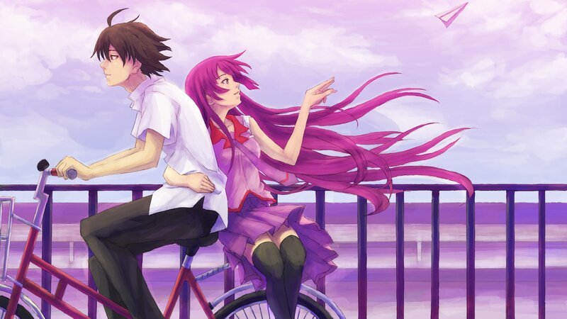 Anime Couple on Bicycle — Purple, Serene, Afternoon, Digital Art