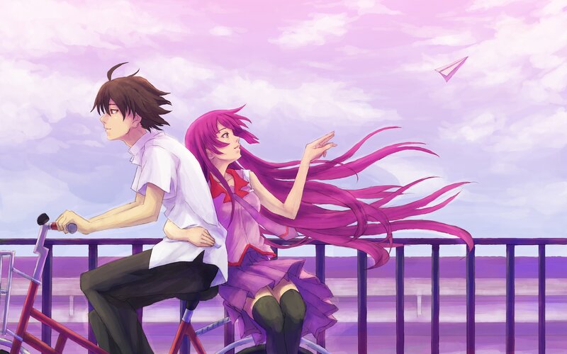 Anime Couple on Bicycle — Purple, Serene, Sunset, Paper Airplane, Rail, Pink