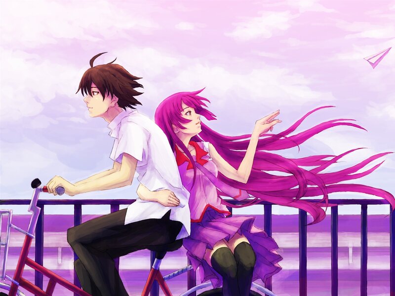 Anime Couple on Bicycle — Purple, Serene, Sunset, Paper Airplane