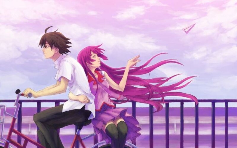 Anime Couple on Bicycle — Purple, Serene