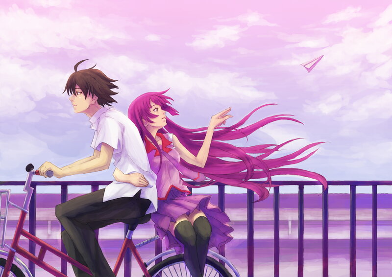 Anime Couple on Bicycle — Purple