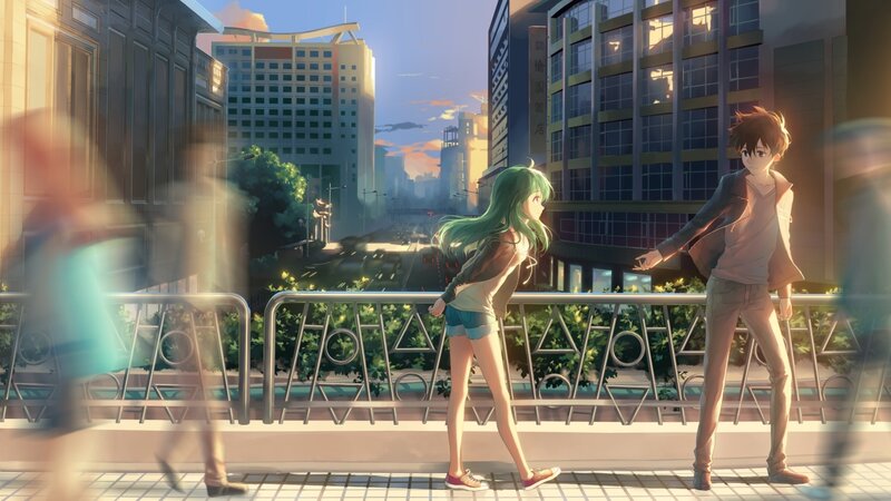 Anime Couple on Bridge — Green