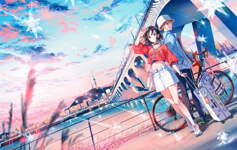 Anime Couple on Bridge — Pink, Serene