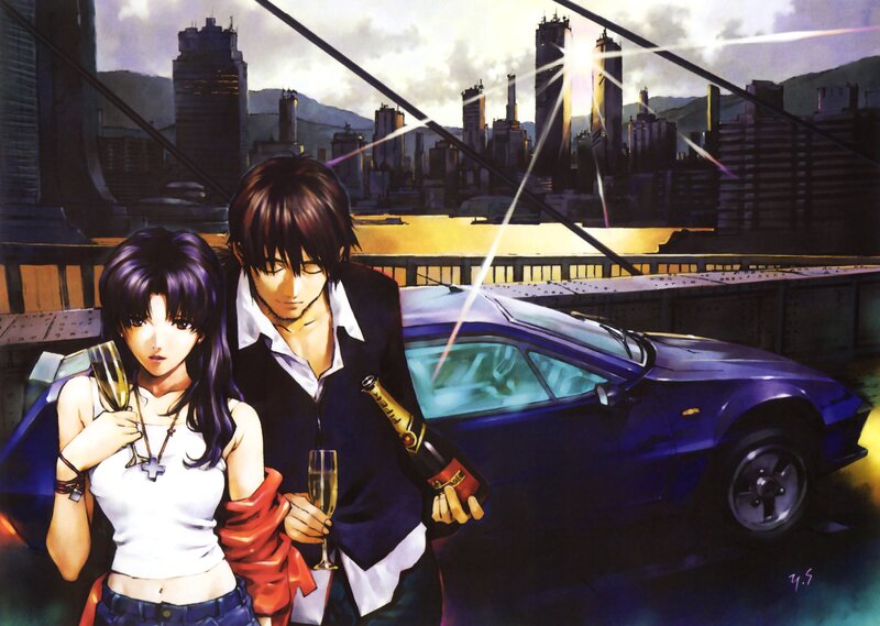 Anime Couple on Bridge — Purple, Dramatic, Sunset, Manga