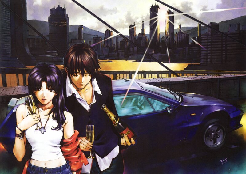 Anime Couple on Bridge — Purple, Dramatic, Sunset