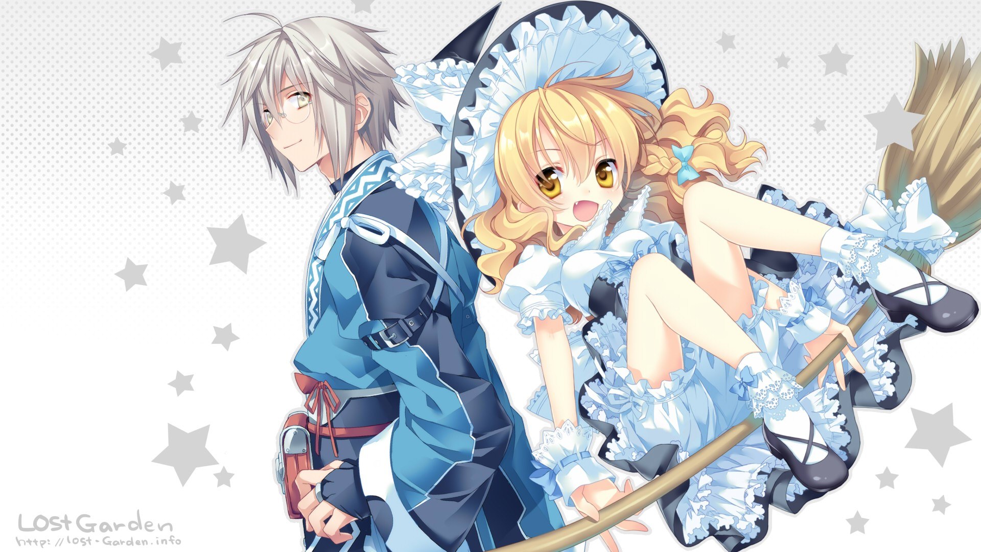 anime couple on broomstick