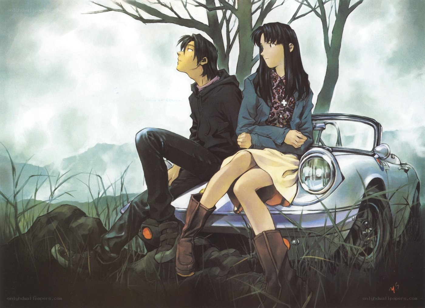 anime couple on car hood