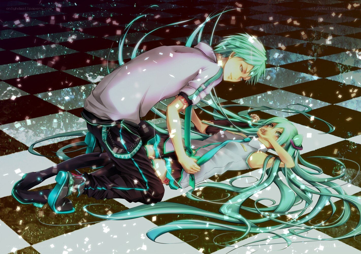 Anime couple on checkered floor