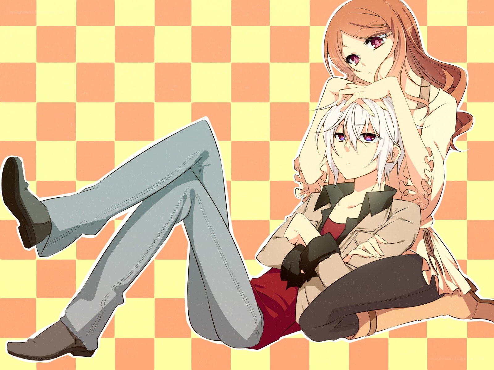 Anime couple on checkered floor