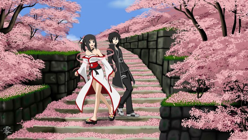 Anime couple on cherry blossom path