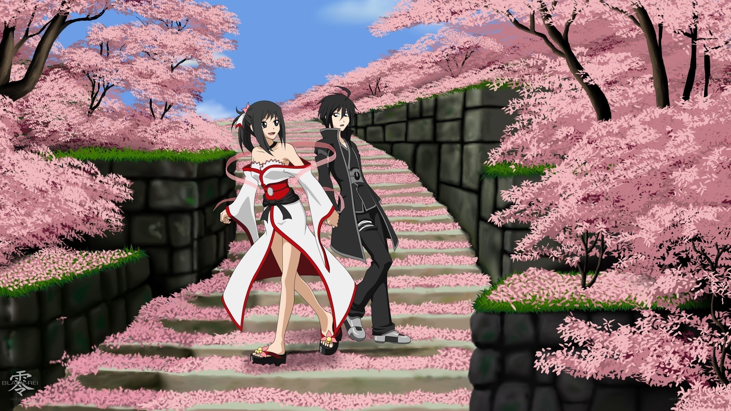 Anime couple on cherry blossom path