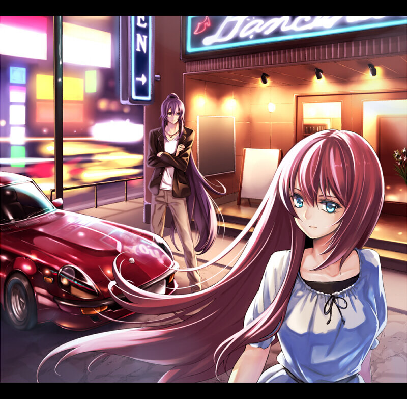 Anime couple on city street