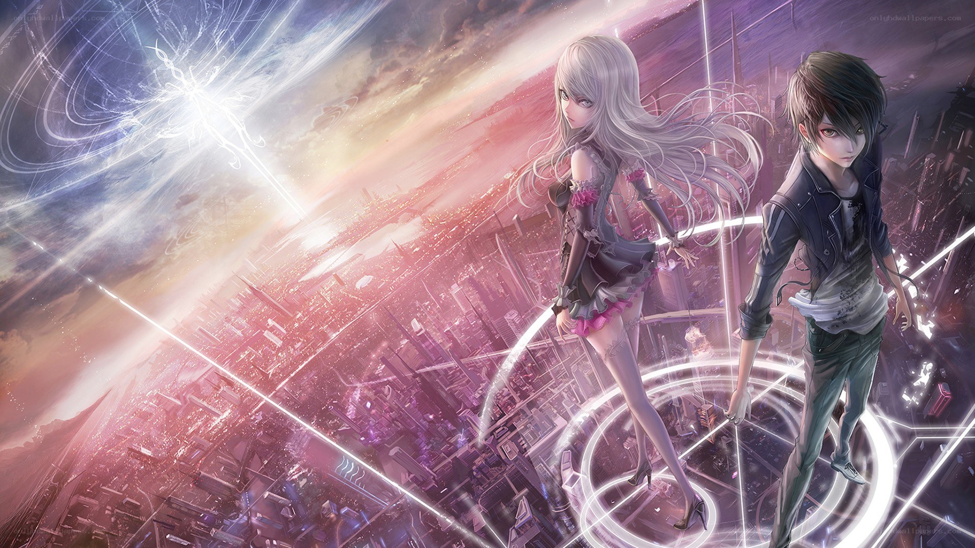 anime couple on cityscape