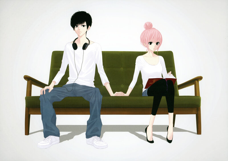 Anime Couple on Couch — Green, Calm