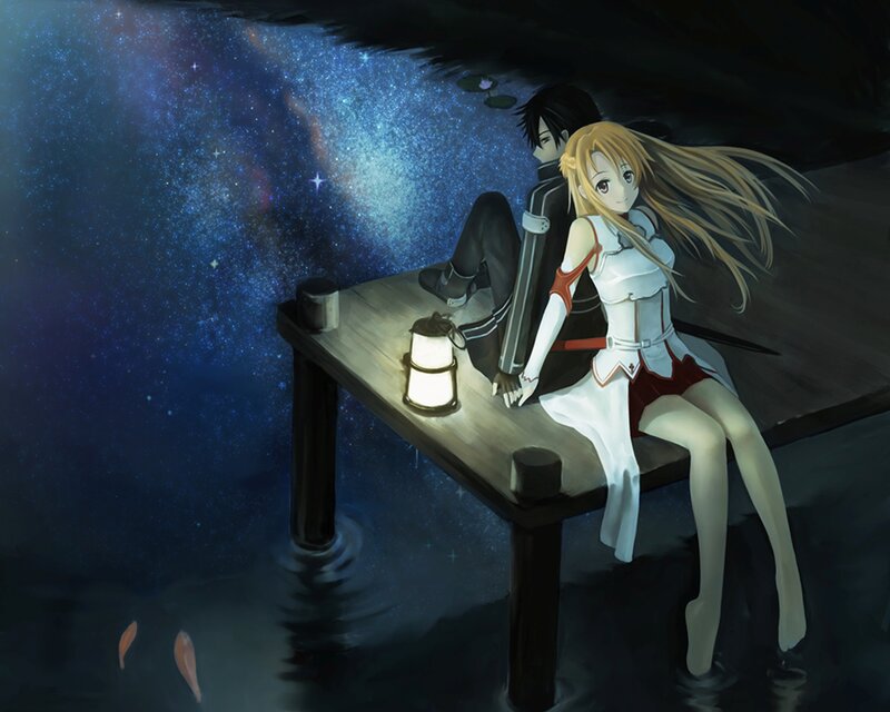 Anime Couple on Dock — Blue, Serene