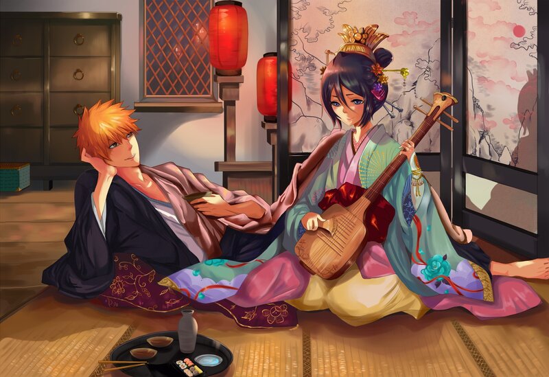 Anime Couple on Floor — Brown, Calm, Night