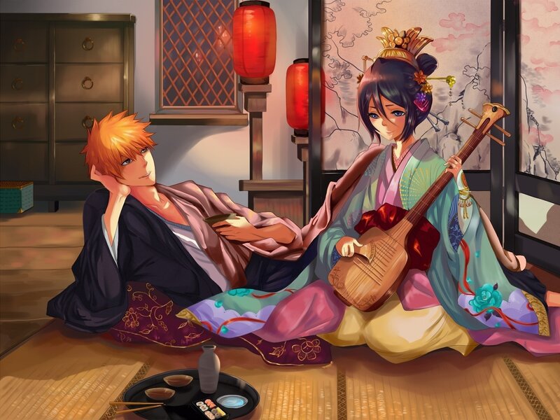 Anime Couple on Floor — Brown, Calm