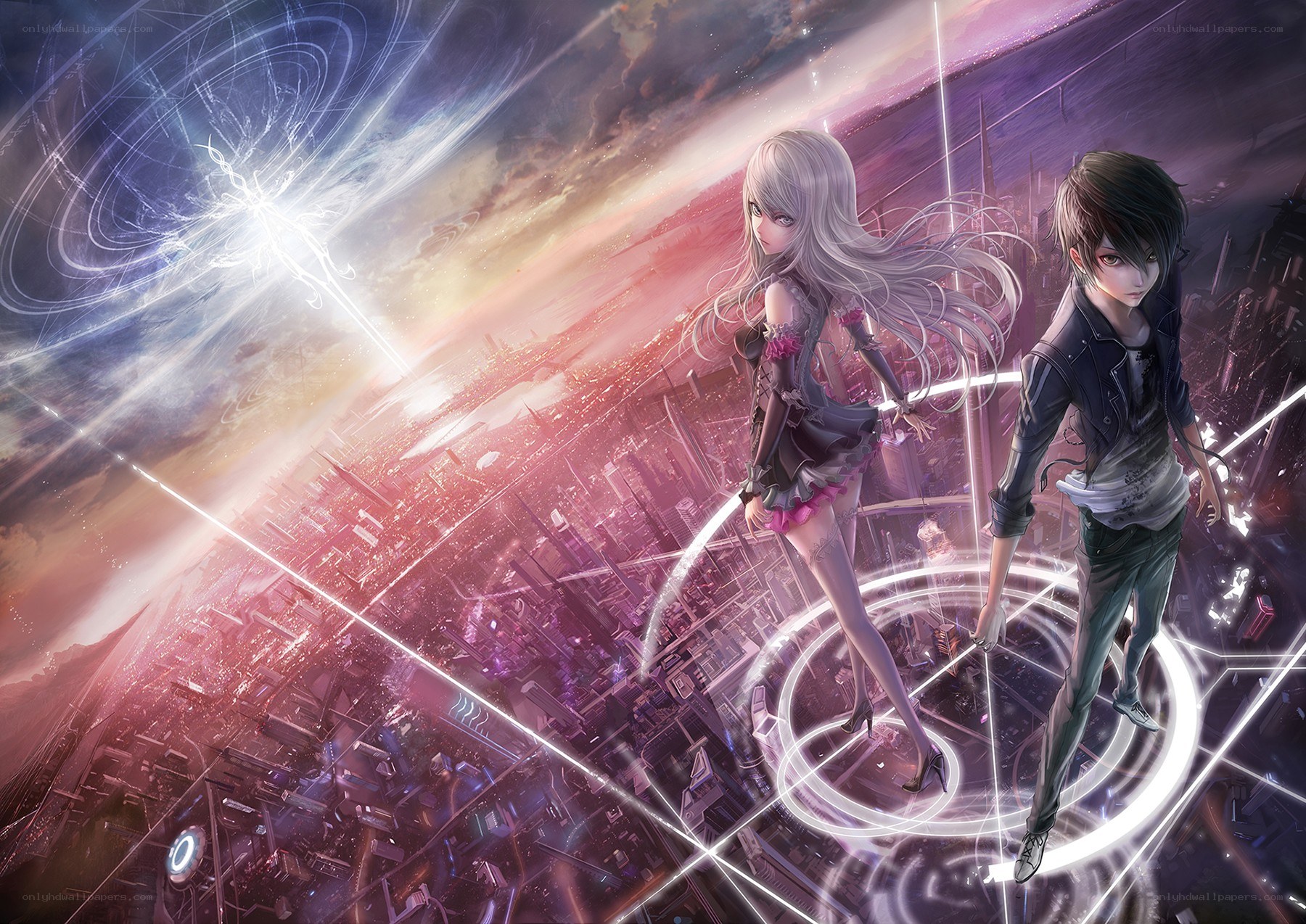 anime couple on futuristic platform