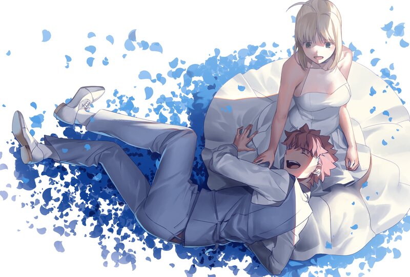 Anime Couple on Ground — White, Playful