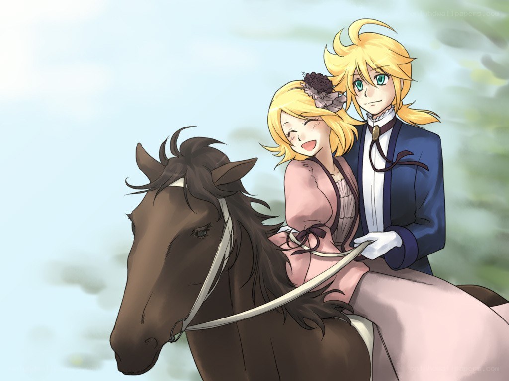 Anime couple on horseback