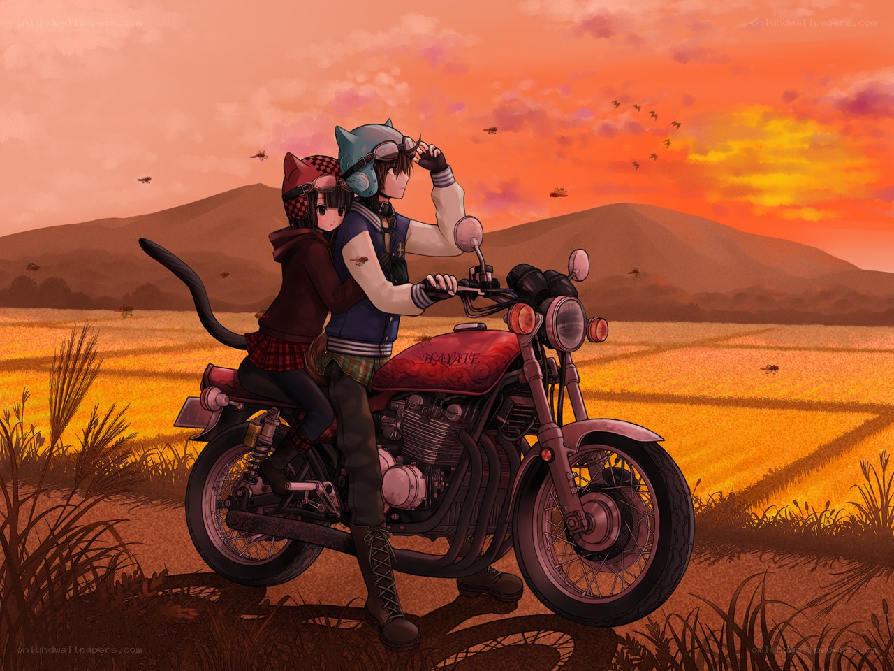 Anime couple on motorcycle at sunset