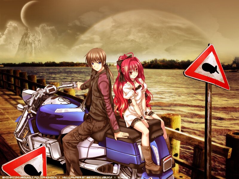 Anime Couple on Motorcycle — Blue, Dramatic, Sunset