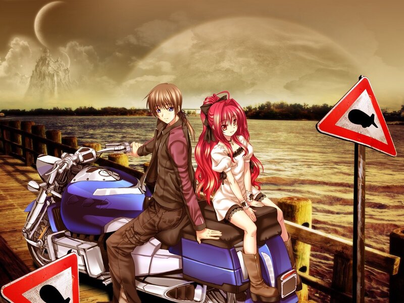 Anime Couple on Motorcycle — Blue