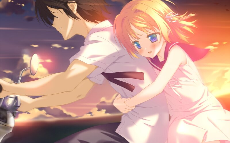 Anime Couple on Motorcycle — Orange, Dramatic