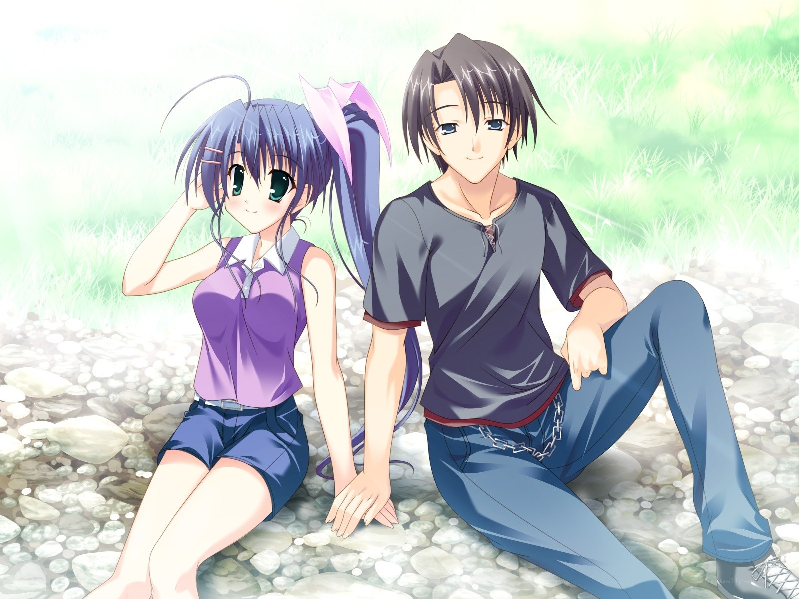 anime couple on pebbles