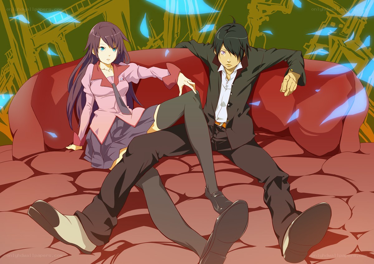 anime couple on red couch