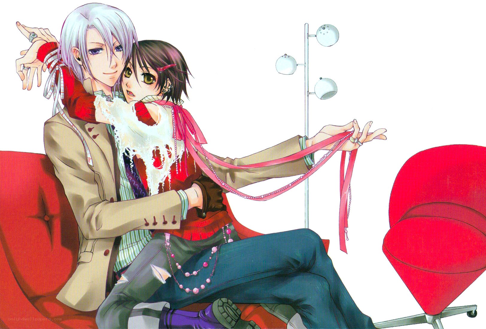 Anime couple on red couch