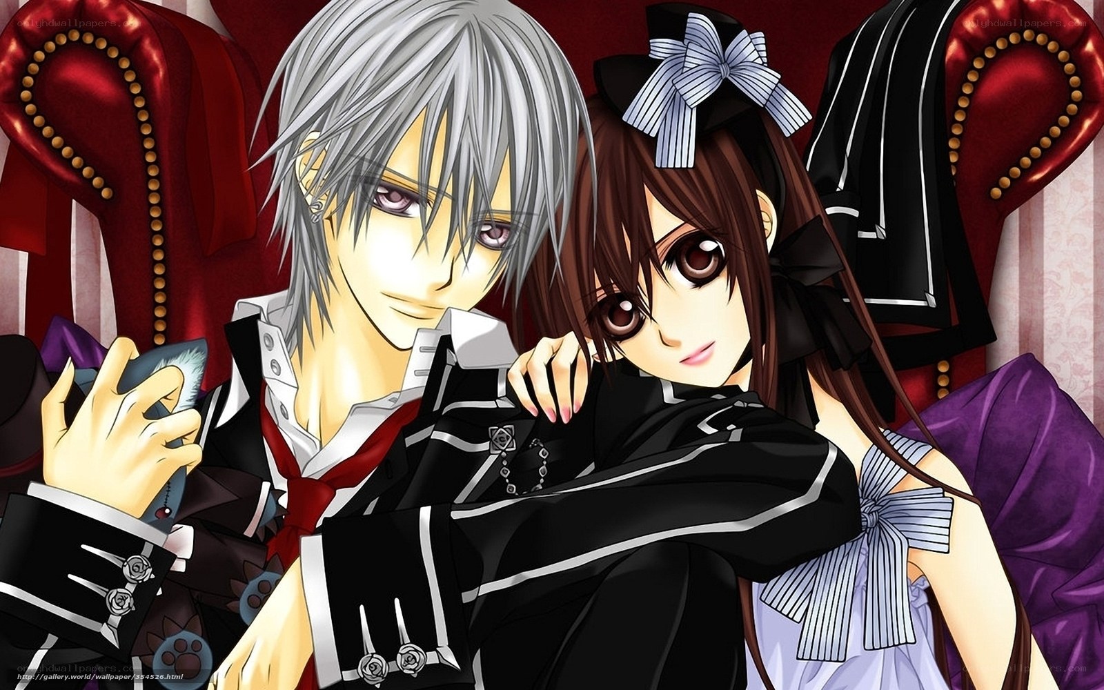 anime couple on red couch