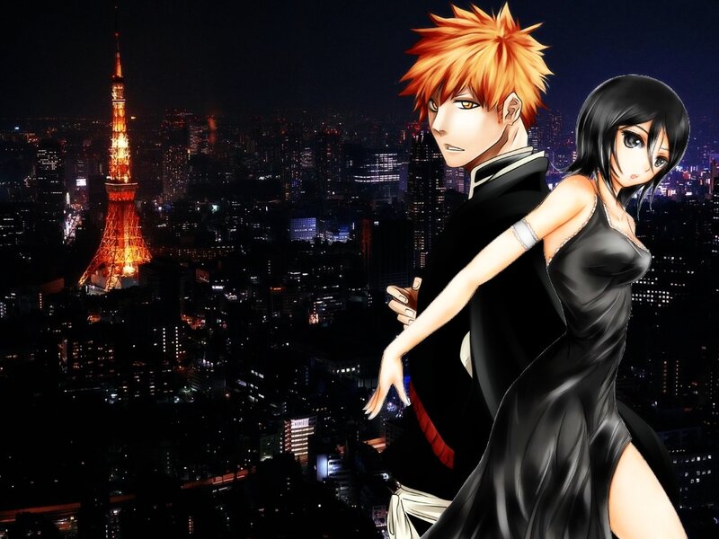 Anime Couple on Rooftop — Black