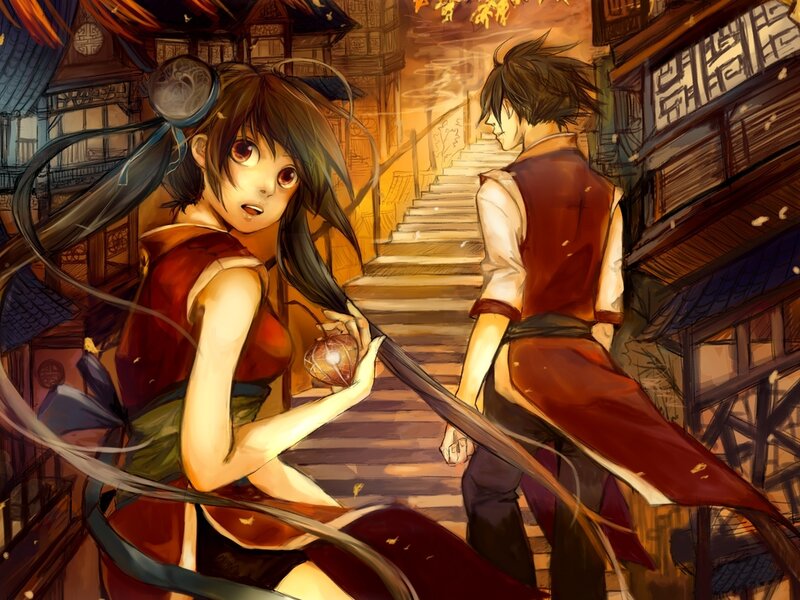 Anime Couple on Stairs — Orange