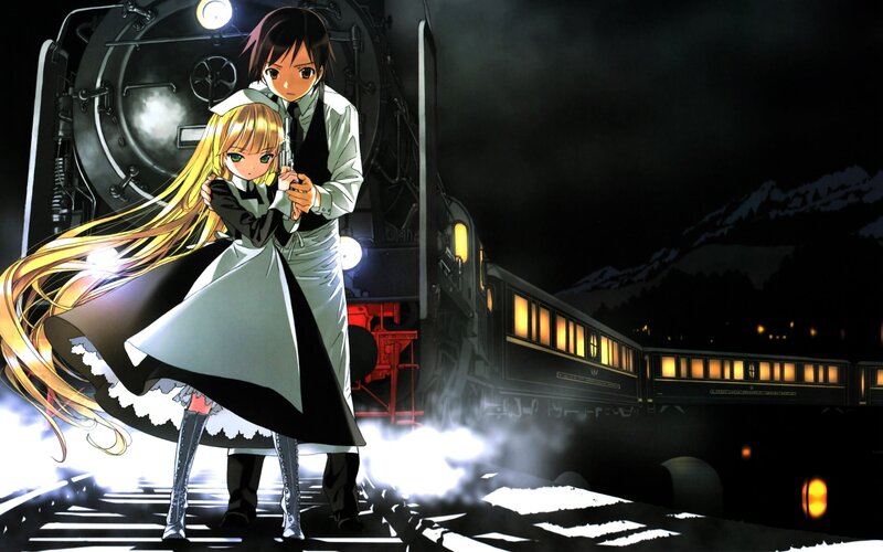 Anime couple on train tracks