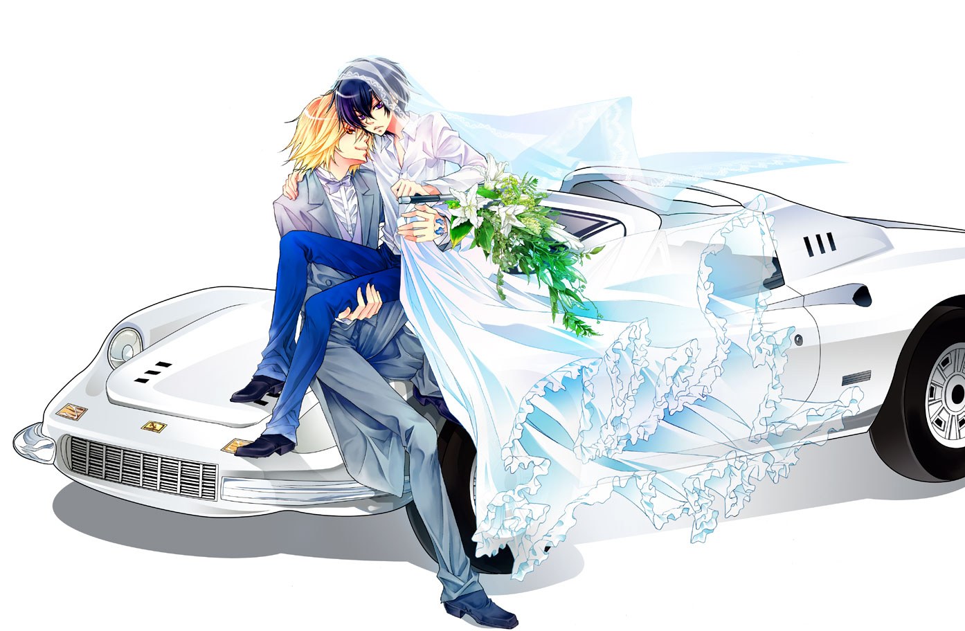 anime couple on wedding car