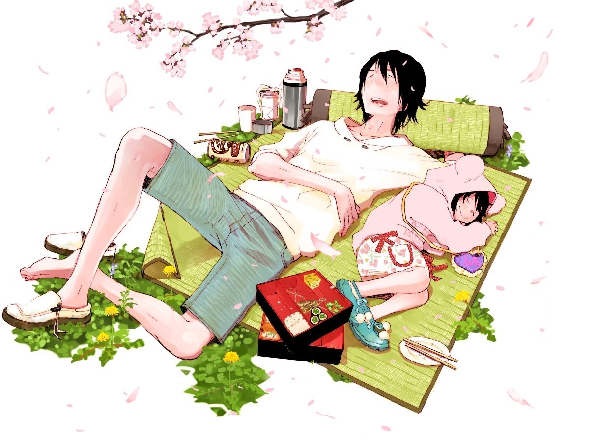 Anime couple picnicking under cherry blossoms