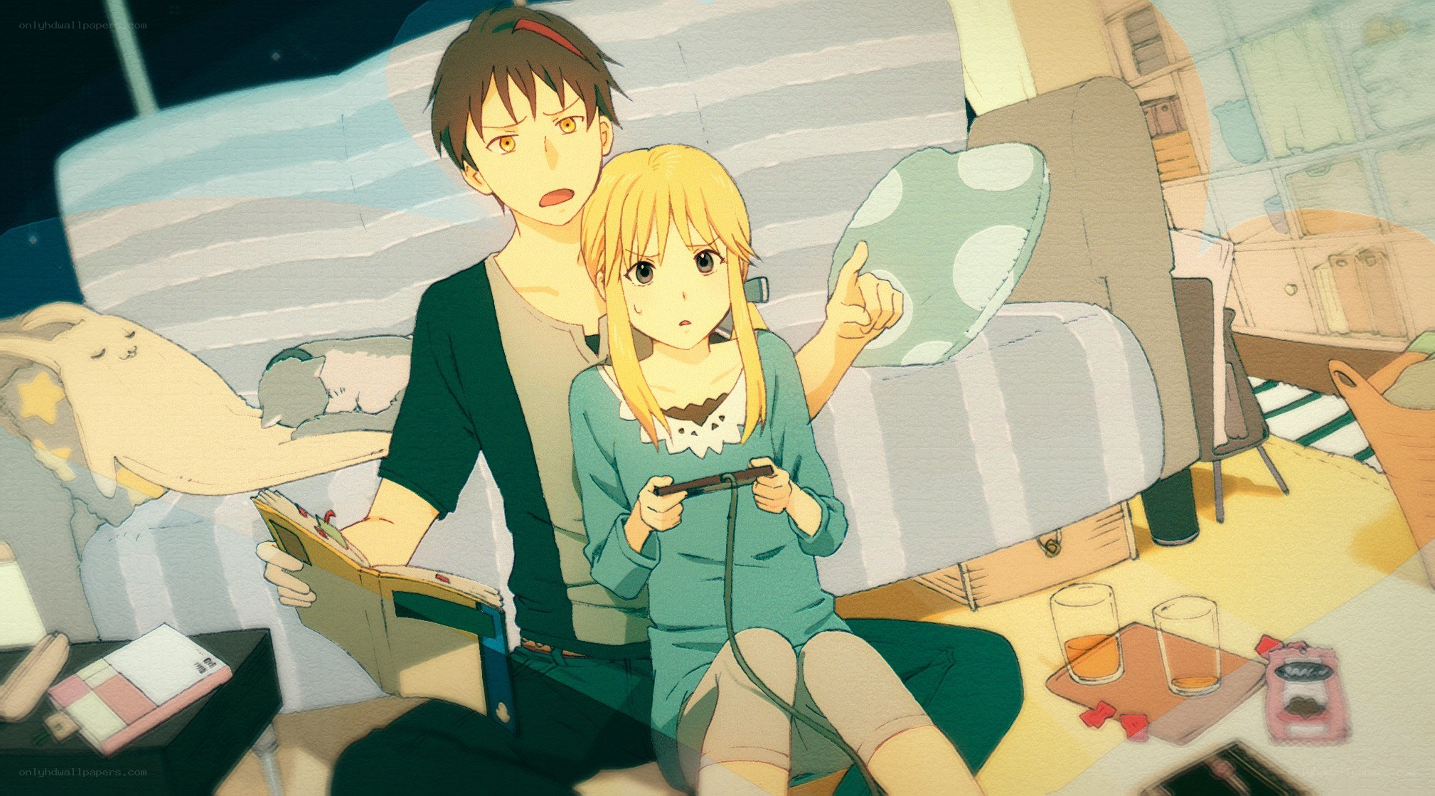 Anime couple playing video game