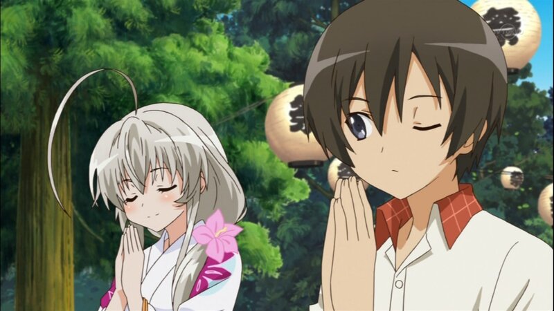 anime couple praying at festival
