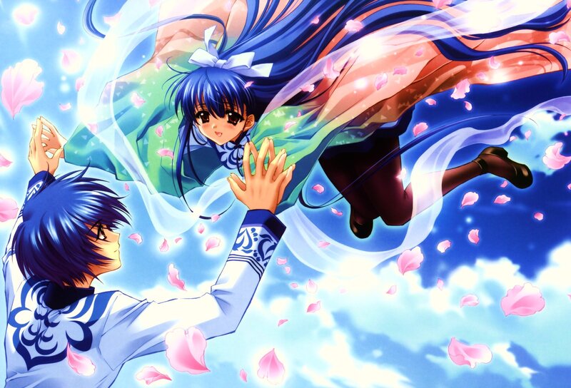 Anime couple reaching for each other