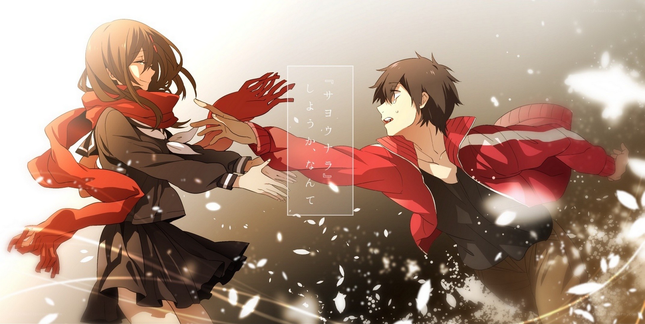 anime couple reaching out